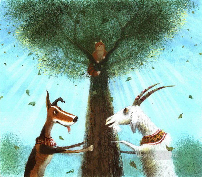 cuentos de hadas perro y cabra atrapar gato gracioso humor mascota Pintura al óleo